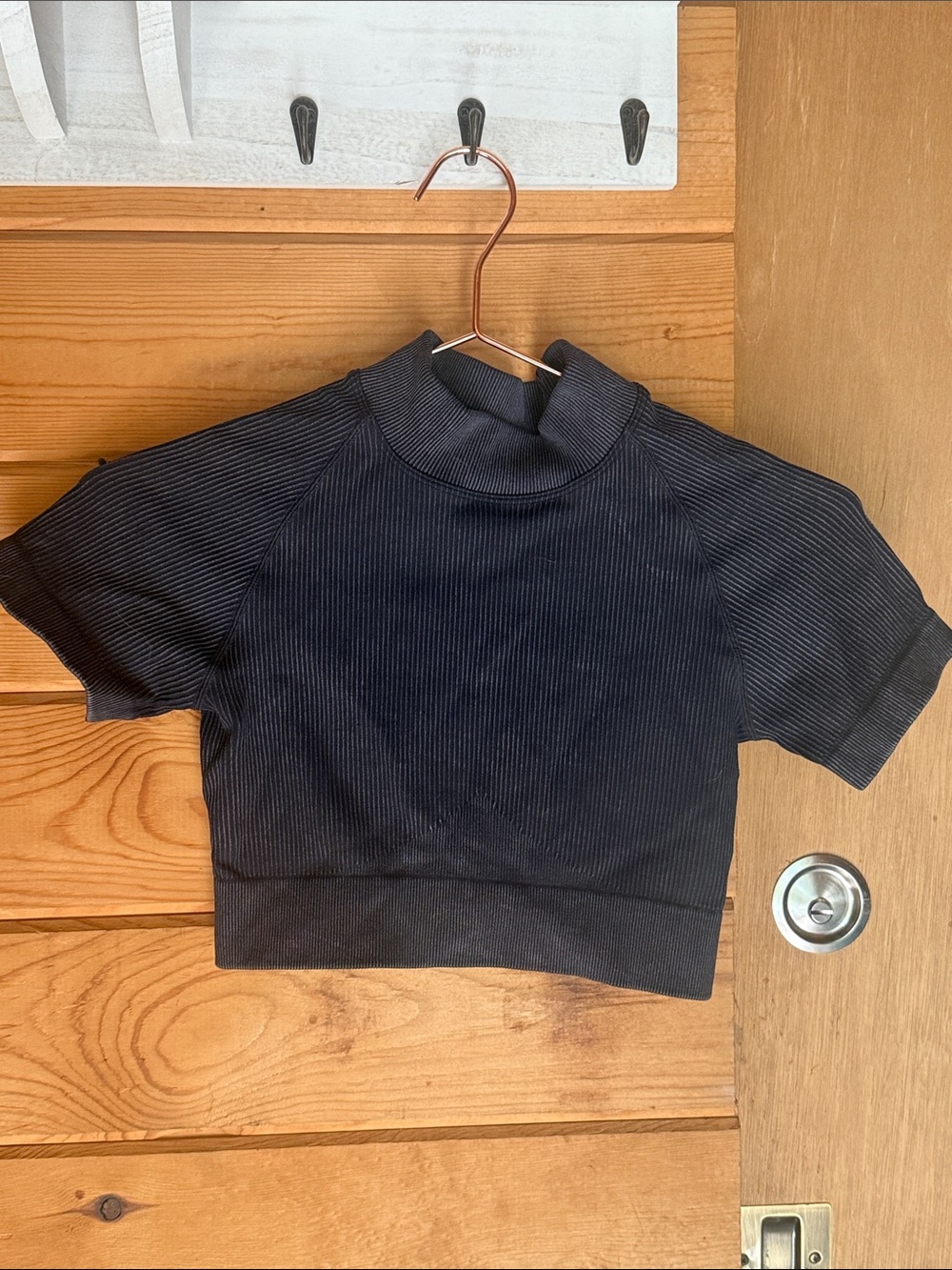 Women's Black Ribbed Short-Sleeve Mock Neck Top